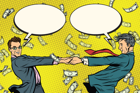 Two businessmen happily dancing in a whirlwind of moneyのイラスト素材