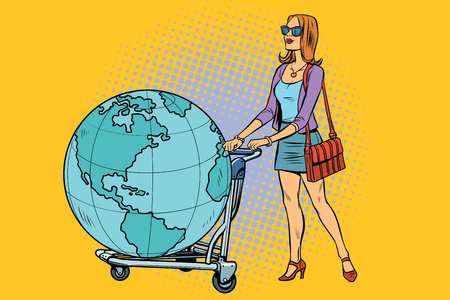 Woman tourist with a Luggage cart with the planet Earthのイラスト素材