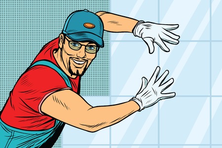 worker Builder puts tile. Construction and decoration. Pop art retro vector illustrationのイラスト素材