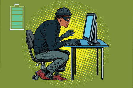 African hacker thief hacking into a computer. Pop art retro vector illustrationの写真素材
