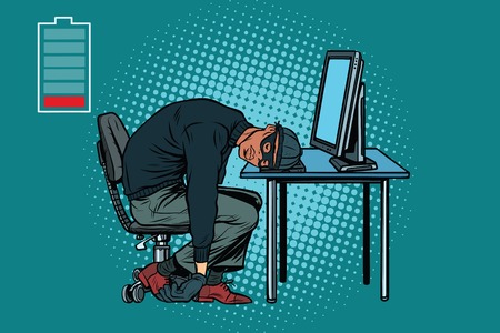 Sleeping African hacker at the computer. Pop art retro vector illustrationの写真素材