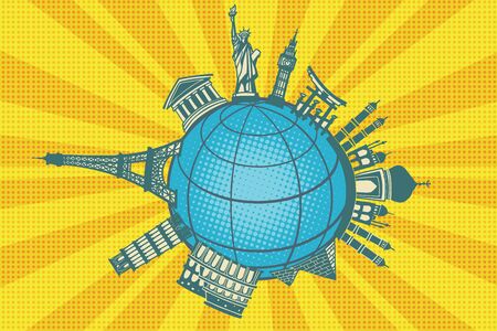 Famous landmarks of the world. Round planet travel. Pop art retro vector illustrationの写真素材