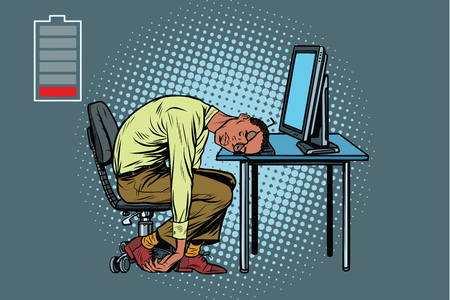 sleeping African businessman at the computer. Fatigue at work. Pop art retro vector illustrationの写真素材