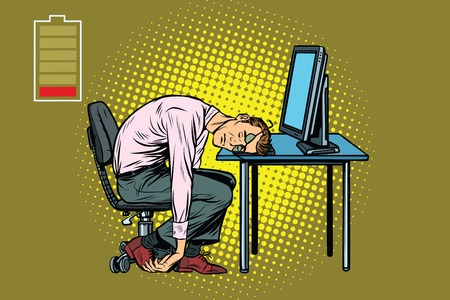 businessman sleeping at the computer. Fatigue at work. Pop art retro vector illustrationの写真素材