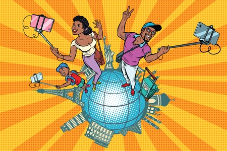 African American Family tourists and selfie, a trip around the world. Pop art retro vector illustrationのイラスト素材