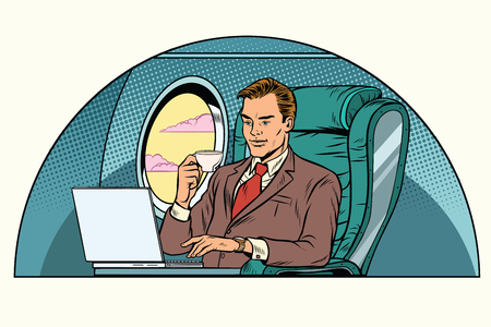 businessman working in the business class cabin. Aviation and travel. Pop art retro vector illustrationの写真素材