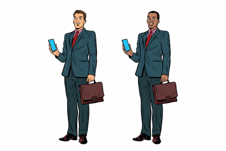 Two businessmen African American and Caucasian. Man with phone and briefcase in a business suit. Pop art retro vector illustrationのイラスト素材