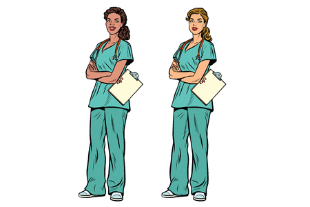 African American and Caucasian nurse with stethoscope. Medicine and health care. Pop art retro vector illustrationのイラスト素材