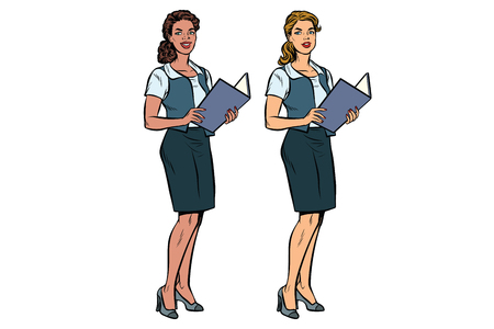 Two women Secretary-full-length, multi-ethnic group. African American and Caucasian people. Businesswoman. Pop art retro vector illustration. Isolated white backgroundのイラスト素材