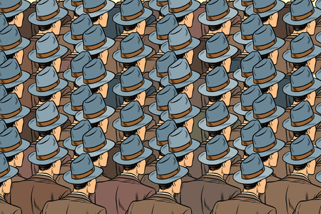 background crowd of the same men, stand back. Pop art retro vector illustration