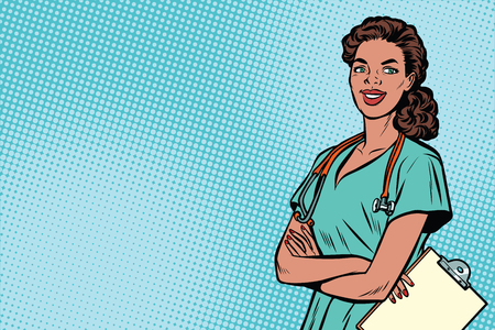 Beautiful African American nurse with stethoscope. Medicine and health care. Pop art retro vector illustrationのイラスト素材