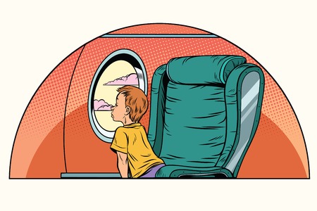 Caucasian boy passenger looks out the window on an airliner. Air transport. Pop art retro comic book vector illustrationのイラスト素材