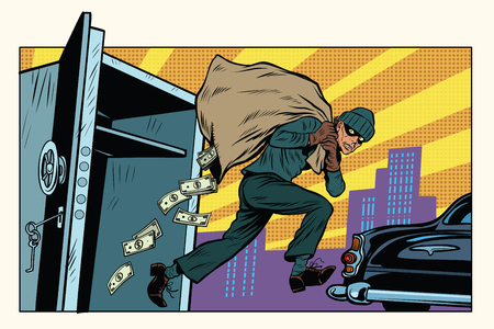 Thief escapes from a Bank, bag of money. Crime and detective. Pop art retro vector illustrationのイラスト素材