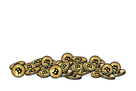 Mountain of gold coins with bitcoin cryptocurrency. Pop art retro comic book vector illustrationのイラスト素材