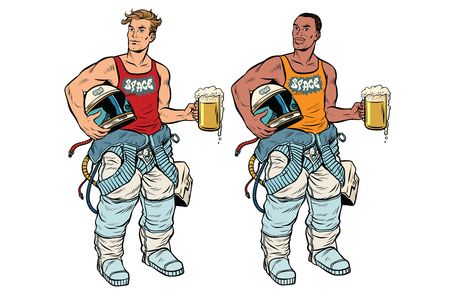 African and Caucasian cosmonaut with a beerの写真素材