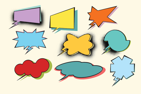 Set of colored comic bubbles with halftone effect. Pop art retro vector illustrationのイラスト素材