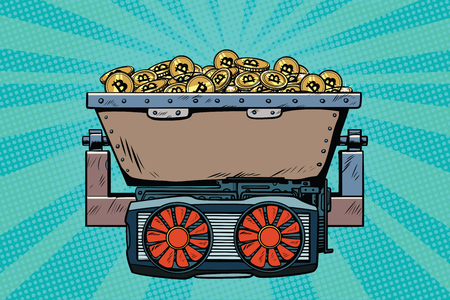 mining trolley with cryptocurrency bitcoin. Pop art retro comic book vector illustrationの写真素材