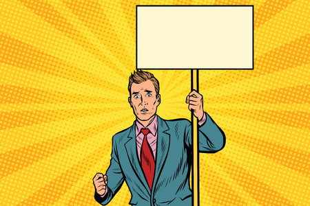 protester businessman with a placard at the rally. Pop art retro vector illustrationの写真素材