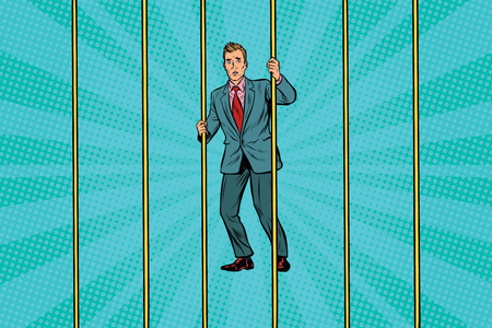 Businessman in prison for the bars. Pop art retro vector illustrationのイラスト素材