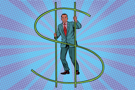 African businessman behind bars money. Financial crime. Black professional. Pop art retro vector illustrationのイラスト素材