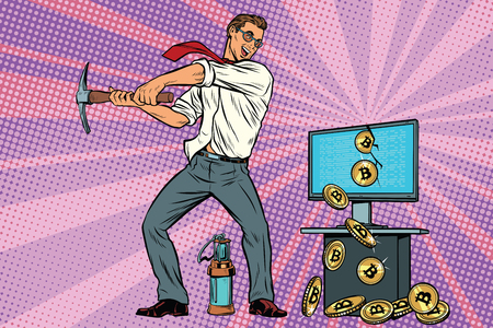 businessman is mining bitcoins from your computer. Cryptocurrency and electronic money. Pop art retro comic book vector illustrationの写真素材