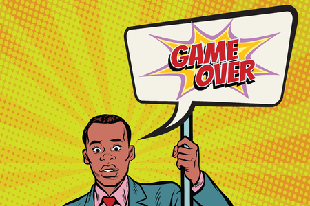 African protester businessman with a poster game over. Pop art retro vector illustrationの写真素材