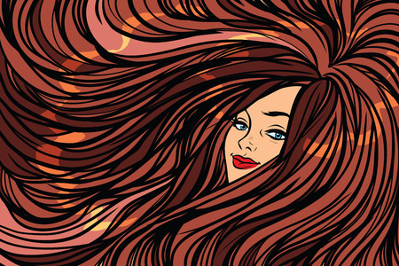 Beautiful girl with long hair left background. Pop art retro vector illustrationの写真素材