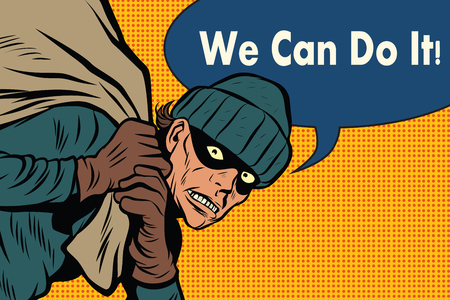 Thief robbed bank, full bag of money. we can do it. Pop art retro vector illustrationの写真素材