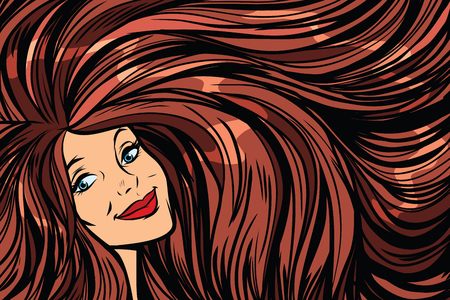 Joyful woman, background with long hair right. Pop art retro vector illustrationの写真素材