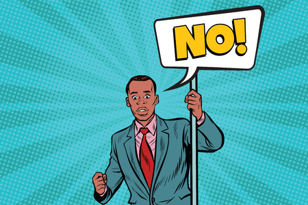 African Businessman protests no. Policy and the opposition. Pop art retro vector illustrationのイラスト素材