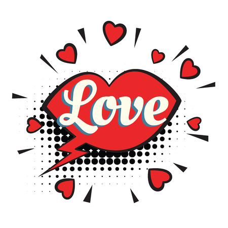 love text heart lips comic word. Pop art retro vector illustrationのイラスト素材