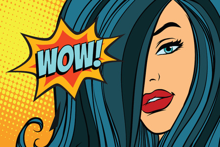 wow beautiful woman with long hair. Pop art retro vector illustrationの写真素材
