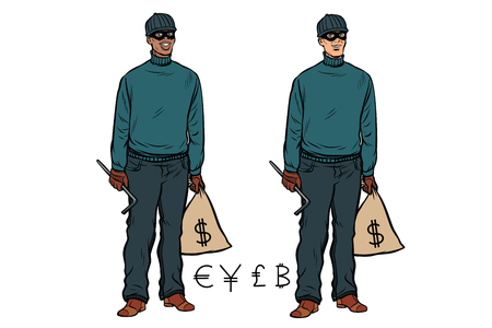 African Caucasian thief robber dollar Euro pound yen bitcoin. Pop art retro vector illustrationのイラスト素材