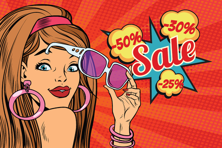 beautiful young woman in sunglasses, surprise sale. Pop art retro vector illustrationのイラスト素材