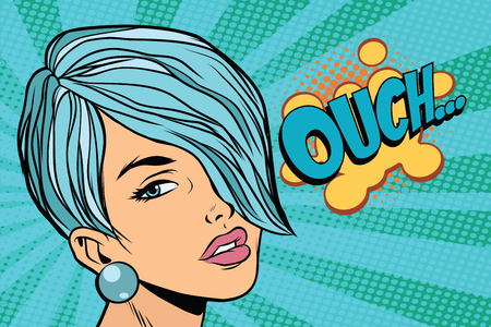 Calm beautiful woman with short hair, skeptical reaction ouch. Pop art retro vector illustrationのイラスト素材