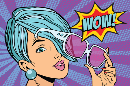 sunglasses pop art woman wow reaction. retro vector illustrationの写真素材