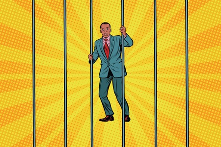 African Businessman in jail behind bars. Pop art retro vector illustrationの写真素材