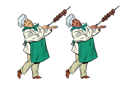 African and Caucasian chef with a shish kebab. Pop art retro comic book vector illustrationのイラスト素材