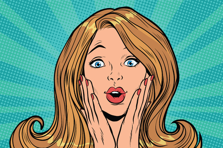 Beautiful female emotional reaction surprise. Pop art retro comic book vector illustrationのイラスト素材