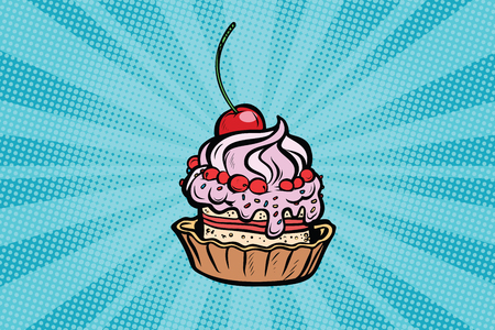cupcake dessert with cherries and cream. Pop art retro comic book vector illustrationの写真素材