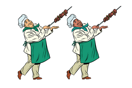 African and Caucasian chef with a shish kebab. Pop art retro comic book vector illustrationの写真素材