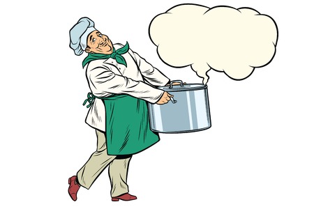 Italian or French chef holding a hot pot, cloud of steam. Pop art retro comic book vector illustrationの写真素材