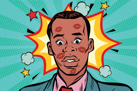 Kissed the embarrassed African man with lipstick on face. Love and sexual betrayal. Pop art retro comic book vector illustrationの写真素材