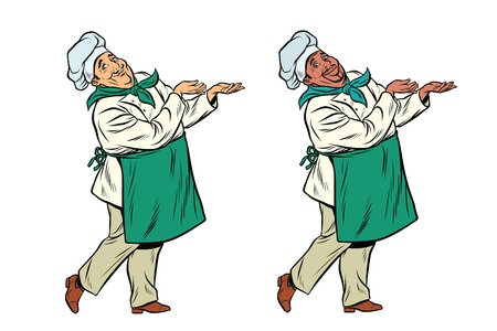 African and Caucasian chef holding hand gesture. Pop art retro comic book vector illustrationの写真素材