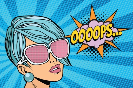 oops beautiful woman with opaque sunglasses. Pop art retro comic book vector illustrationの写真素材