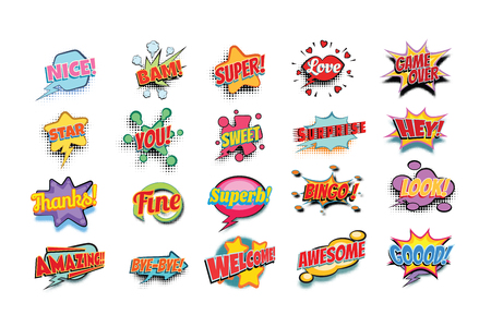 comic book words set. nice bam super love game over star you sweet surprise hey thanks fine superb bingo look amazing bye welcome awesome good. Pop art retro vector illustrationの写真素材