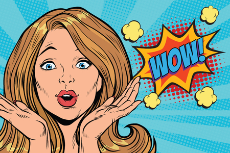 wow delight pop art woman face. Pop art retro comic book vector illustrationの写真素材
