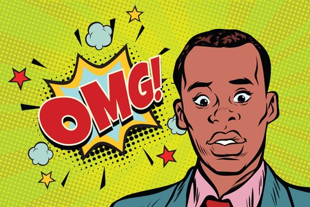omg pop art African man surprise illustration. Comic text bubble. Human emotions. retro comic book vector illustrationの写真素材