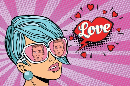 Love couple, reflection of men in sunglasses women. Pop art retro comic book vector illustrationの写真素材