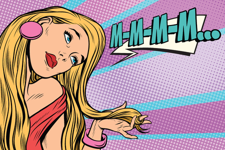 m-m-m beautiful woman blonde long hair. Pop art retro comic book vector illustrationの写真素材